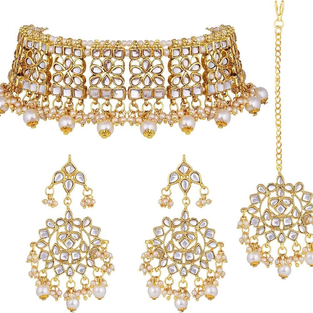 Indian Faux Kundan Necklace & Maang Tikka Set Ethnic Wedding Jewelry Women
